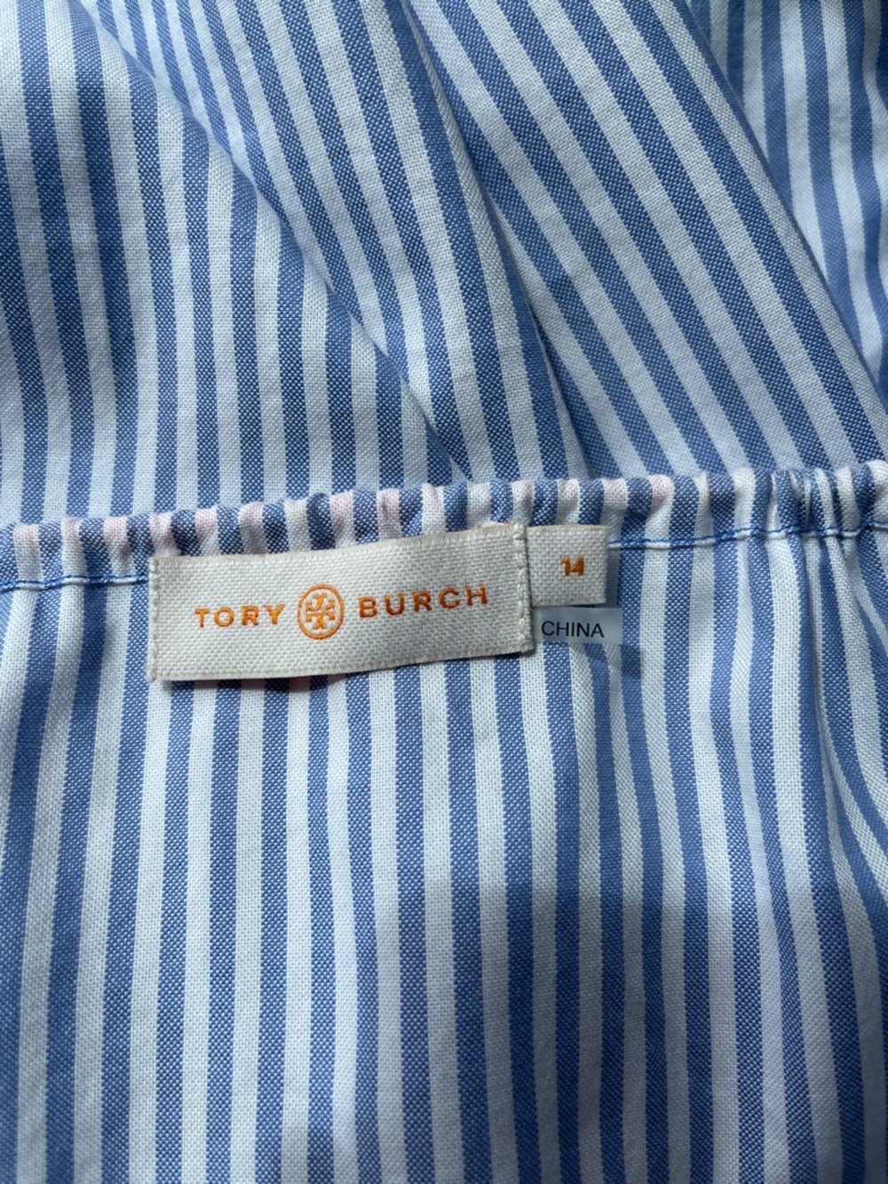 Tory Burch Light Blue Striped Peasant Blouse with Coral Tassels EUC Size 14 - Picture 8 of 9